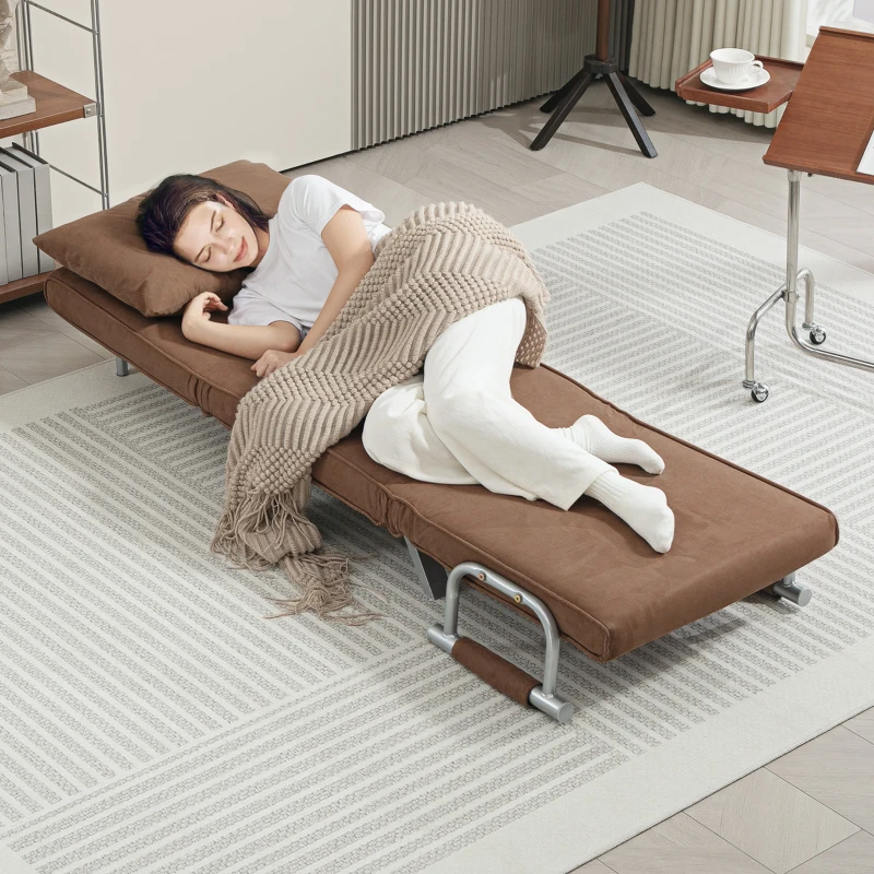 HOMCOM Sillón Cama Individual 2 en 1 Sofá Cama Plegable con Respaldo Ajustable y Cojín para Sala Dormitorio 65x69x80 cm Marrón
