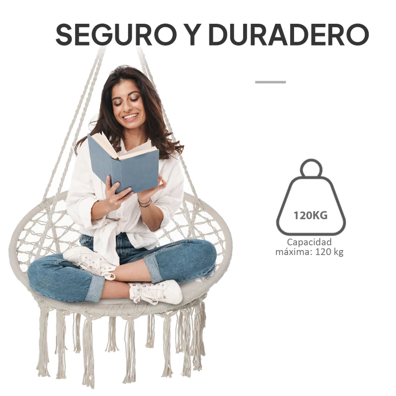 Outsunny Silla Colgante Redondo de Ø60 cm Silla Hamaca Columpio con Cojín y Cuerda de Algodón para Interior y Exterior Carga 120 kg 80x80x42 cm Beige