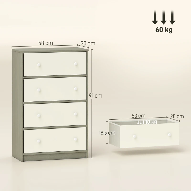 HOMCOM Comodă cu 4 Sertare Pliabile și Mânere Duble, din Lemn, Oțel și Material Textil, 58x30x91 cm, Alb și Gri