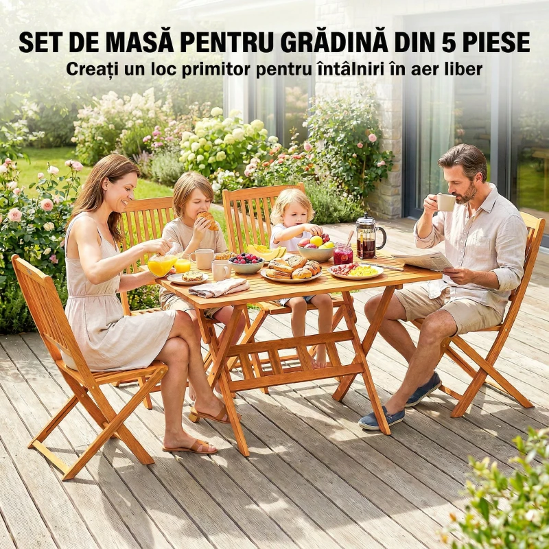 Outsunny Set de Luat Masa pentru Grădină 5 Piese, Masă și 4 Scaune Rabatabile
