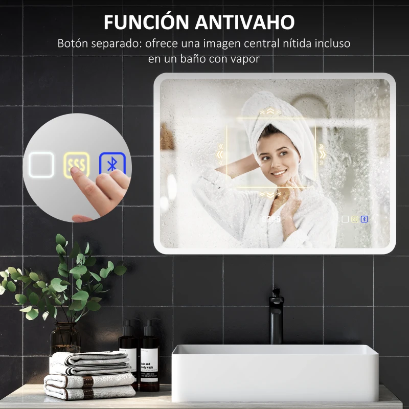 HOMCOM Espejo de Baño con Luz LED 80x60 cm con Bluetooth 3 Colores de Luz Función Antivaho Función de Memoria IP44