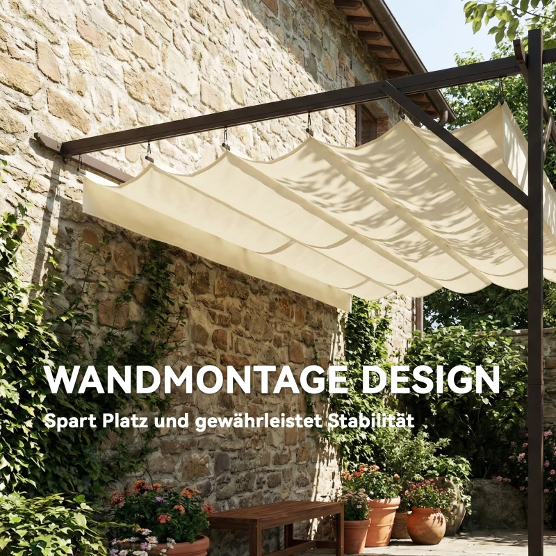 Outsunny Terrassendach Pergola ca. 4x3m Terrassenüberdachung mit Verstellbares Dach, Wandmontage UV 30+ Cremeweiß