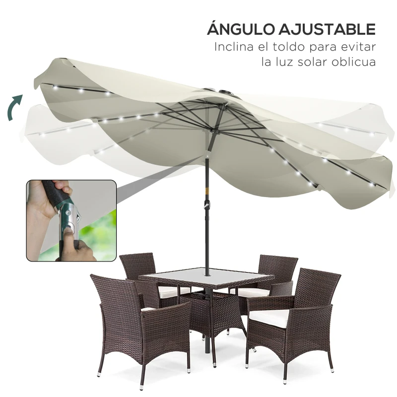 Outsunny Sombrilla de Jardín Manual Ø292x254 cm con 32 Luces LED Solares 8 Varillas Impermeable y Rejillas de Ventilación Crema