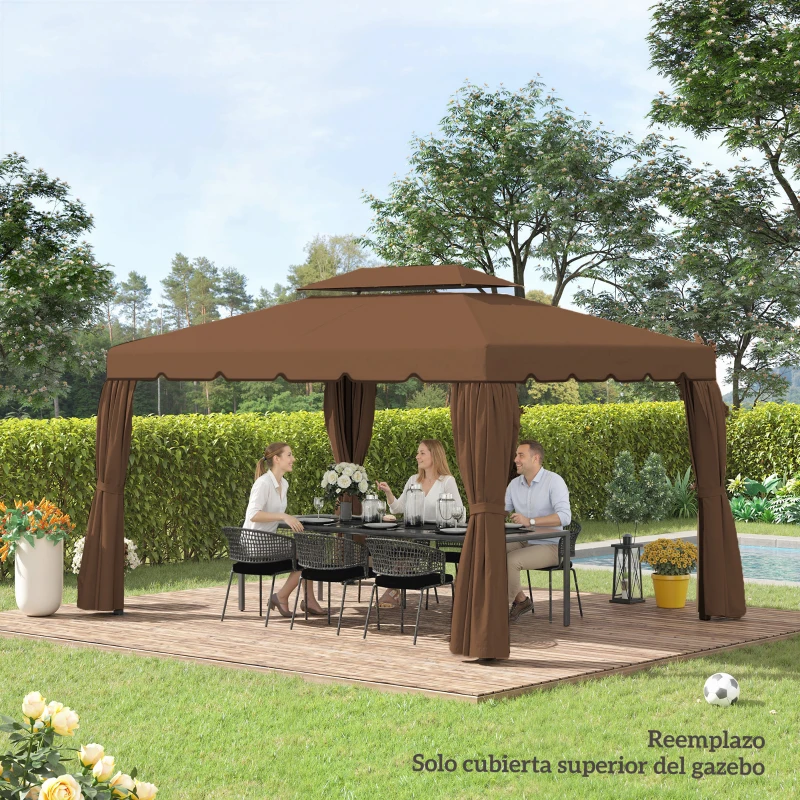 Outsunny Toldo de Recambio para Cenador 4x3 m con Techo Doble Orificios de Drenaje Solo Toldo NO Incluye Marco Café