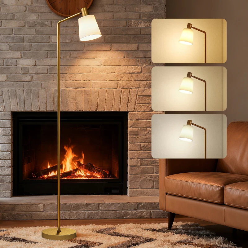HOMCOM Lámpara de Pie LED Regulable con 3 Temperaturas de Color 3000K-6500K Pantalla Giratoria Bombilla E27 Blanco y Dorado