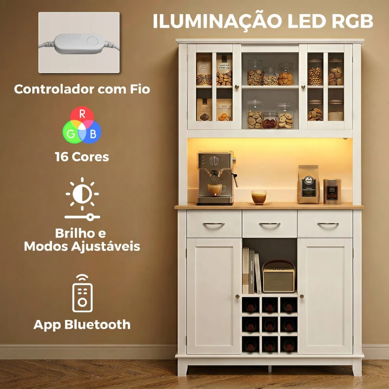 HOMCOM Alacena de Cozinha com Iluminação LED Controlada por APP Tampo para Micro-ondas Suporte para Garrafas Portas de Vidro Branco