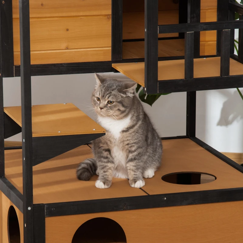 PawHut Casa para Gatos de Madeira 75,5x75x137 cm Abrigo para Gatos com Telhado Asfáltico Plataformas e Ninho Natural