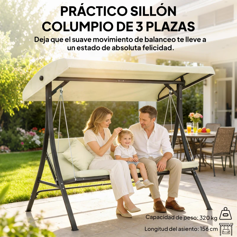 Outsunny Balancín de Jardín Exterior Columpio de 3 Plazas con Toldo Ajustable y Marco de Acero 202x115x168 cm Beige