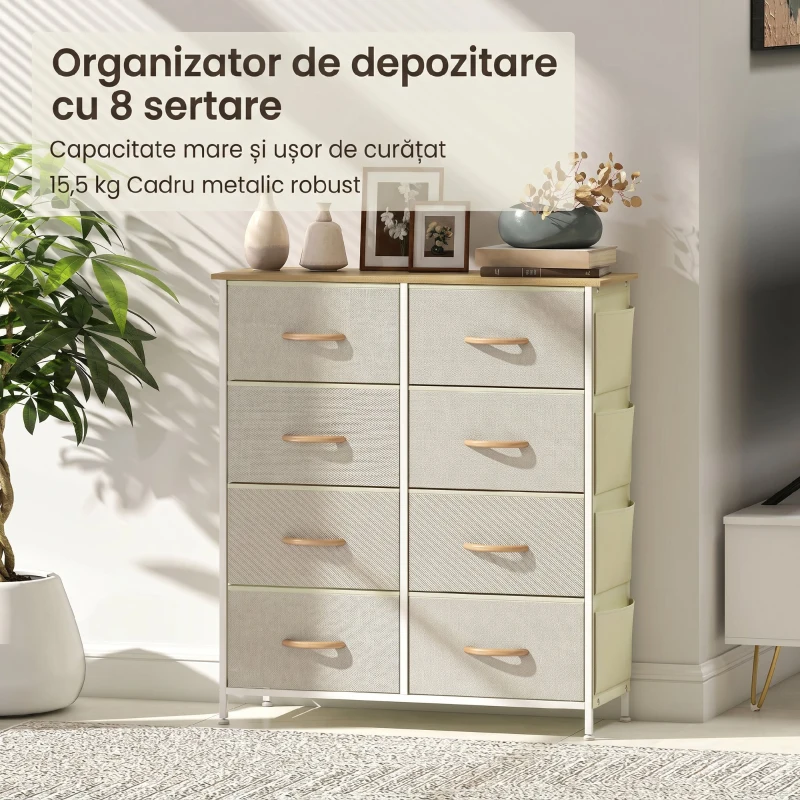 HOMCOM Comodă 8 Sertare Pliabile cu 4 Buzunare și 2 Cârlige, din Lemn, Oțel și Material Textil, 86x30x94.5 cm