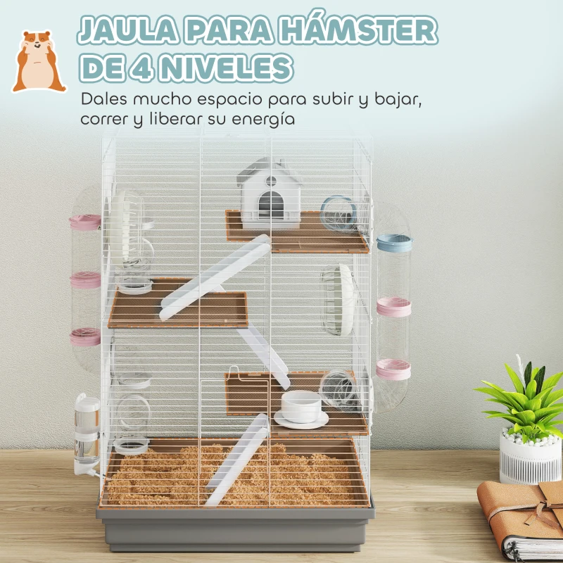 PawHut Jaula para Hámster con Túnel Plataformas Cuenco Bebedero Casita Rampas y Rueda de Ejercicio 47x30x70 cm Gris