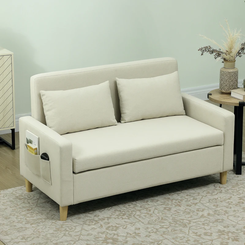 HOMCOM Sofá de 2 Lugares Estofado em Linho Sintético com Espaço de Armazenamento 2 Almofadas e Pés de Madeira 135x71x84 cm Bege