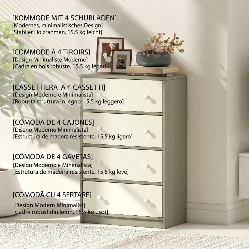 HOMCOM Comodă cu 4 Sertare Pliabile și Mânere Duble, din Lemn, Oțel și Material Textil, 58x30x91 cm, Alb și Gri