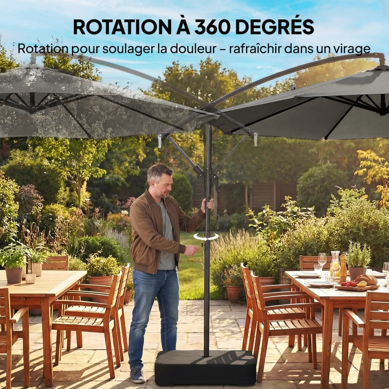 Outsunny Parasol Déporté de Jardin 3 m avec Base Croisée, Sac de Sable, Parasol Banane Rotatif 360°, Gris