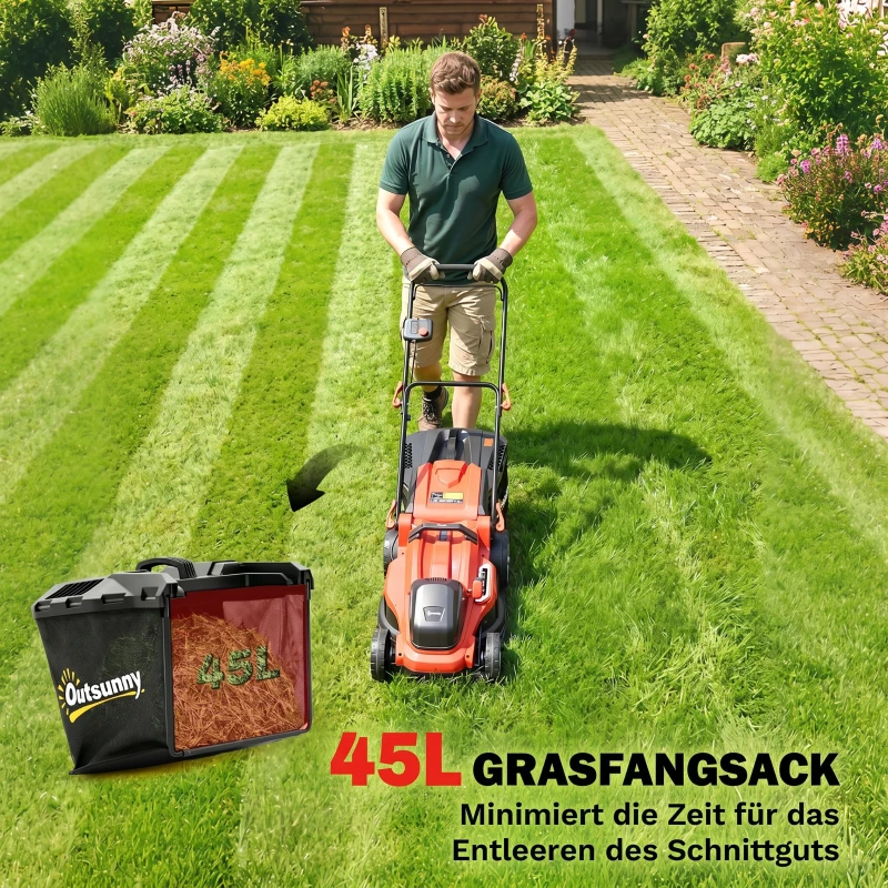 Outsunny Elektro Rasenmäher 800 W mit 40 cm Schnittbreite 45L Fangkorb Akkuanzeige Überlastschutz 7 Schnitthöhen