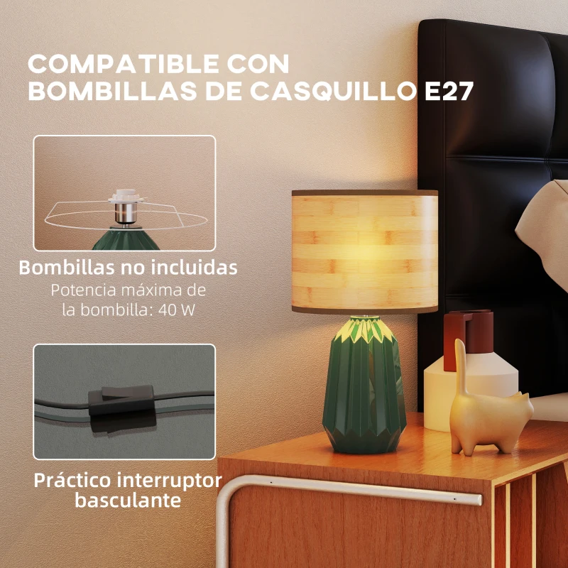 HOMCOM Lámpara de Mesa con Base de Cerámica y Pantalla de Lino Estilo Retro para Dormitorio 40W Verde y Madera Natural