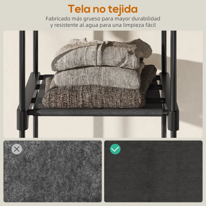 HOMCOM Armario de Ropa 182x43x185 cm Armario Abierto con 8 Estantes de Tela Barras para Colgar Marco de Metal Negro