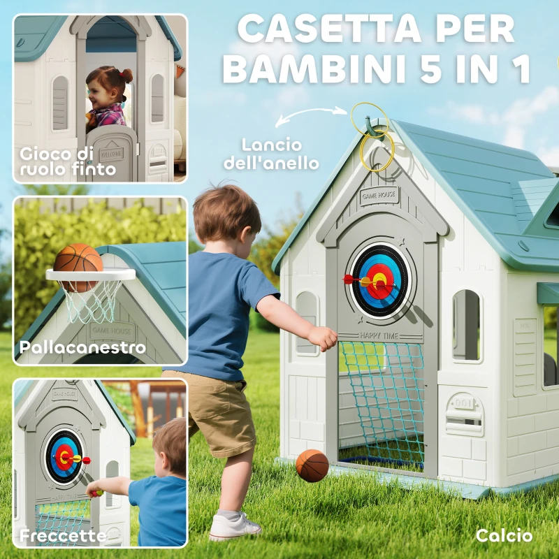 AIYAPLAY Casetta per Bambini 5 in 1 in PP Multicolore con Palla da Basket, Anelli e Freccette, 132x118x124 cm