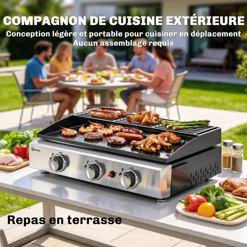 Outsunny Plancha Gaz en Inox, 3 Brûleurs, Barbecue à Gaz avec Plaque Émaillée et Grille de Réchauffage, 7,5 kW, 62x44x21cm, Noir