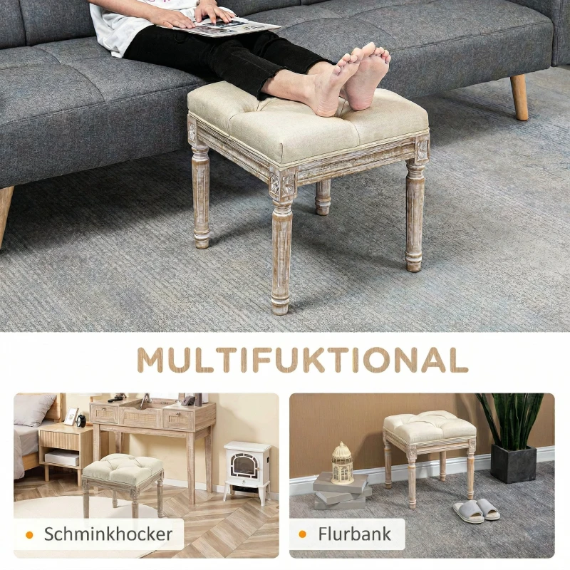 HOMCOM Repose pied salon, ottoman, siège rembourré en tissu aspect lin avec pieds en bois d'hévéa, 40 x 40 x 43 cm, beige