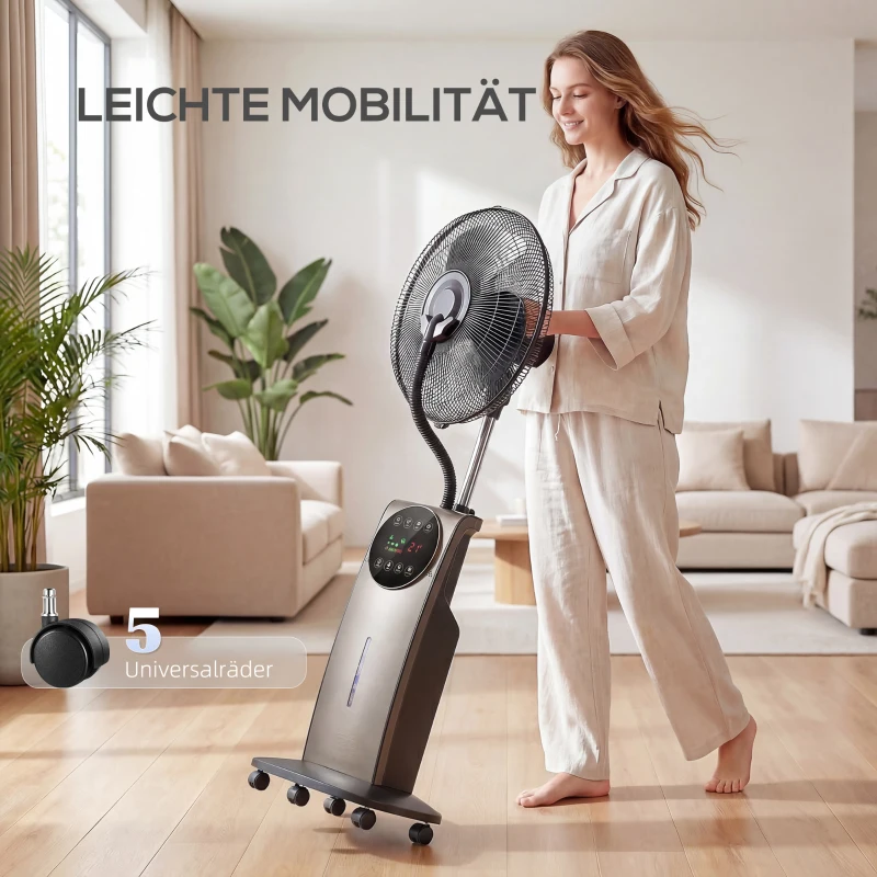 HOMCOM Sprühnebelventilator mit Fernbedienung, Standventilator mit Wassernebel, 70° Oszillation, 3 Geschwindigkeiten, 3 Modi, 3,1L Wassertank