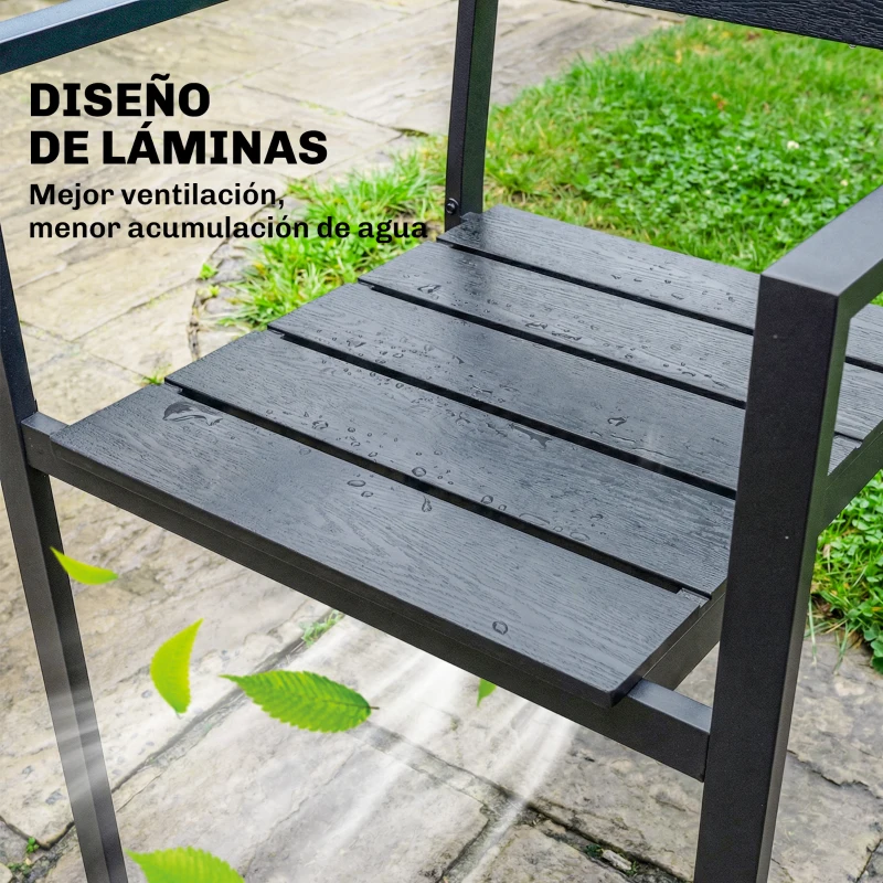 Outsunny Juego de 4 Sillas de Jardín Exterior Apilables con Reposabrazos Respaldo y Asiento Marco Metálico 52x51x90 cm Negro