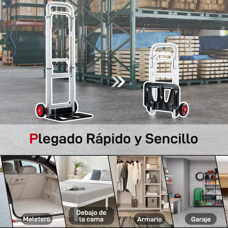 HOMCOM Carretilla de Mano Plegable de Aluminio Carga 90 kg con Ruedas Mango Telescópico Ajustable 40x41x108 cm Plata y Negro