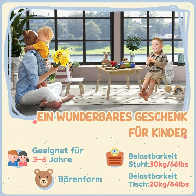 AIYAPLAY Kindertisch mit 2 Stühlen, Kindersitzgruppe mit Stauraum bärförmiger Rückenlehne für 3-6 Jahre Kinder, Naturholz