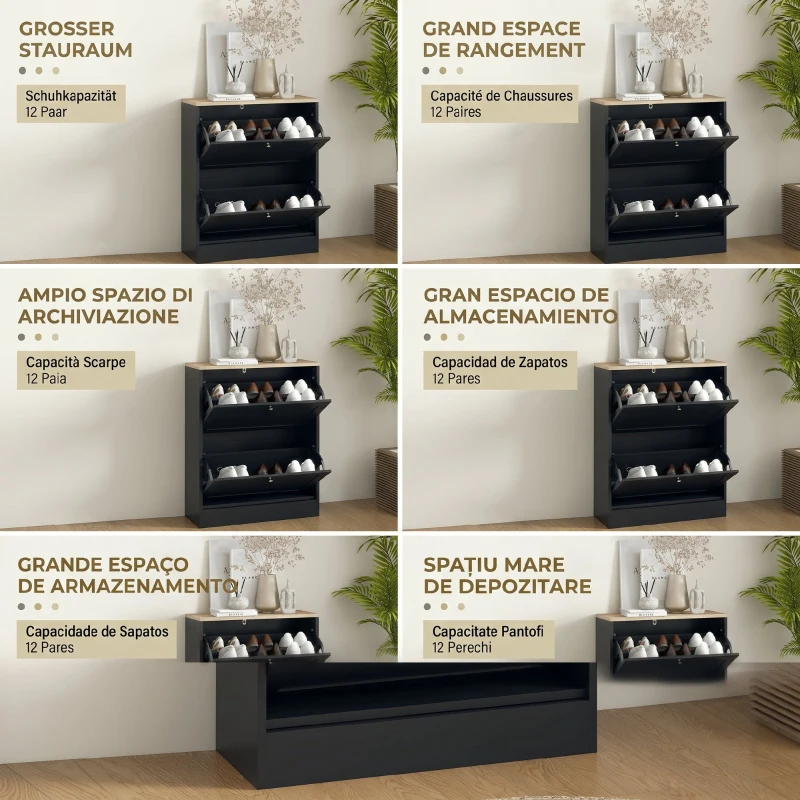 HOMCOM Meuble à Chaussures 12 Paires, Meuble d'Entrée avec 2 Tiroirs Rabattables et Étagères Réglables, 60 x 23,5 x 80cm, Noir