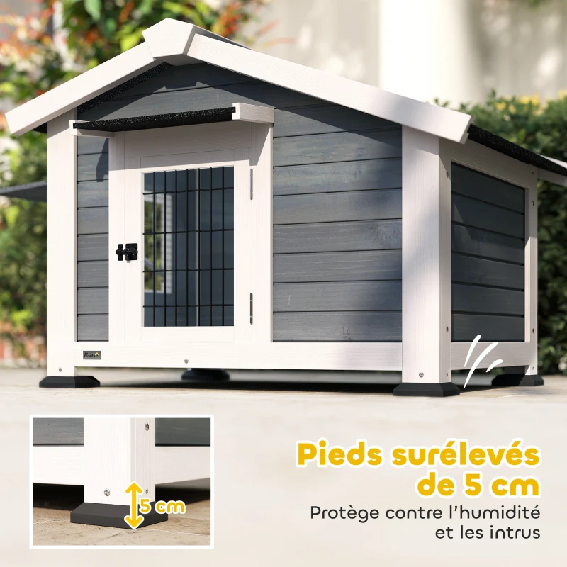 PawHut Niche pour Chien Extérieur Abri Jardin Surélevé Plancher Amovible Auvent de Porte et Toit Imperméable 98x76x69,5cm Gris