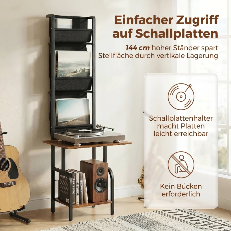 HOMCOM Industrielles CD-Regal, CD-Aufbewahrung, DVD-Ständer mit 3 Stofftaschen und Tischplatte, Rustikale Holzoptik in Braun