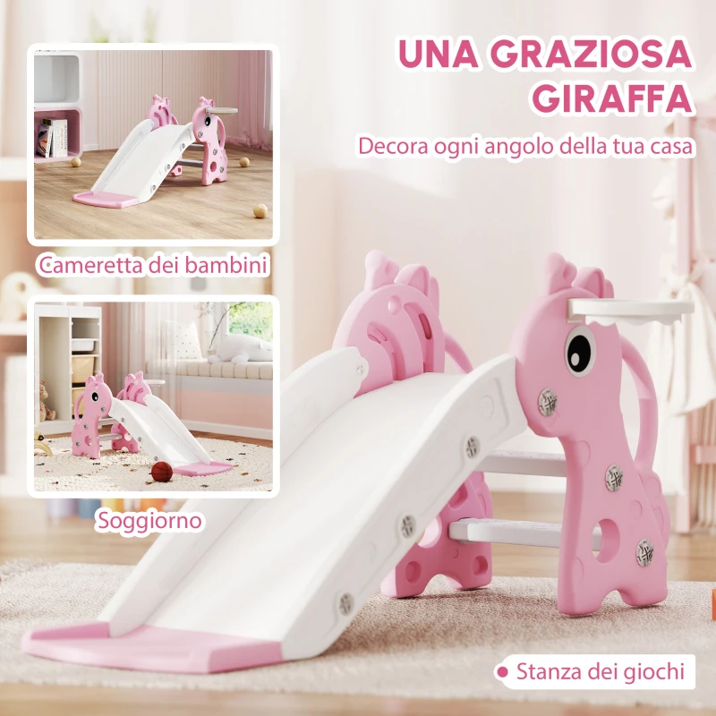 AIYAPLAY Scivolo bambini 3-in-1 a forma di giraffa con canestro e pallone, 106×51,5×52 cm, Rosa