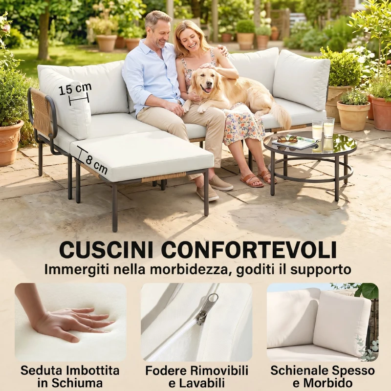 Outsunny Set Giardino 5 Pezzi, Rattan Componibile L con Cuscini, 192x126x60 cm, Colore Cachi