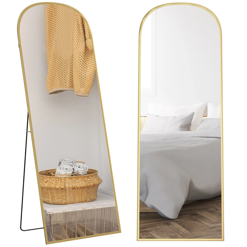 HOMCOM Espejo de Pie Cuerpo Entero de Aleación de Aluminio Espejo de Pared con 2 Formas de Uso Rectangular 60x1,5x165 cm Dorado