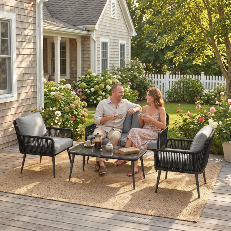 Outsunny Rattan Garden Furniture Set, 4 Piece Outdoor Patio Furniture with Tempered Glass Table and Chairs, Indoor Balcony Conservatory Set