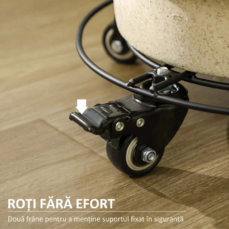 Outsunny Cărucior Suport Ghiveci cu Roți Ø30cm din Metal cu Roți Pivotante și Frână, Negru