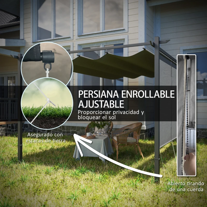 Outsunny Pérgola de Jardín 4x3 m con Techo Retráctil 3 Laterales Enrollables UPF30+ Cenador de Jardín para Patio Exterior Gris