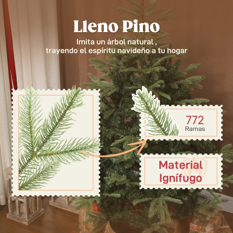 HOMCOM Árbol de Navidad Artificial 180 cm con 772 Ramas y Soporte Metálico Plegable Fácil Montaje para Salón Interior Verde