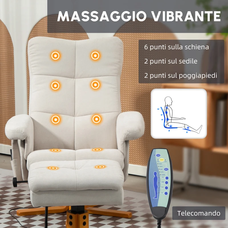 HOMCOM Poltrona massaggiante con poggiapiedi reclinabile a 145°, in poliestere, 80 x 86 x 99 cm, Avorio