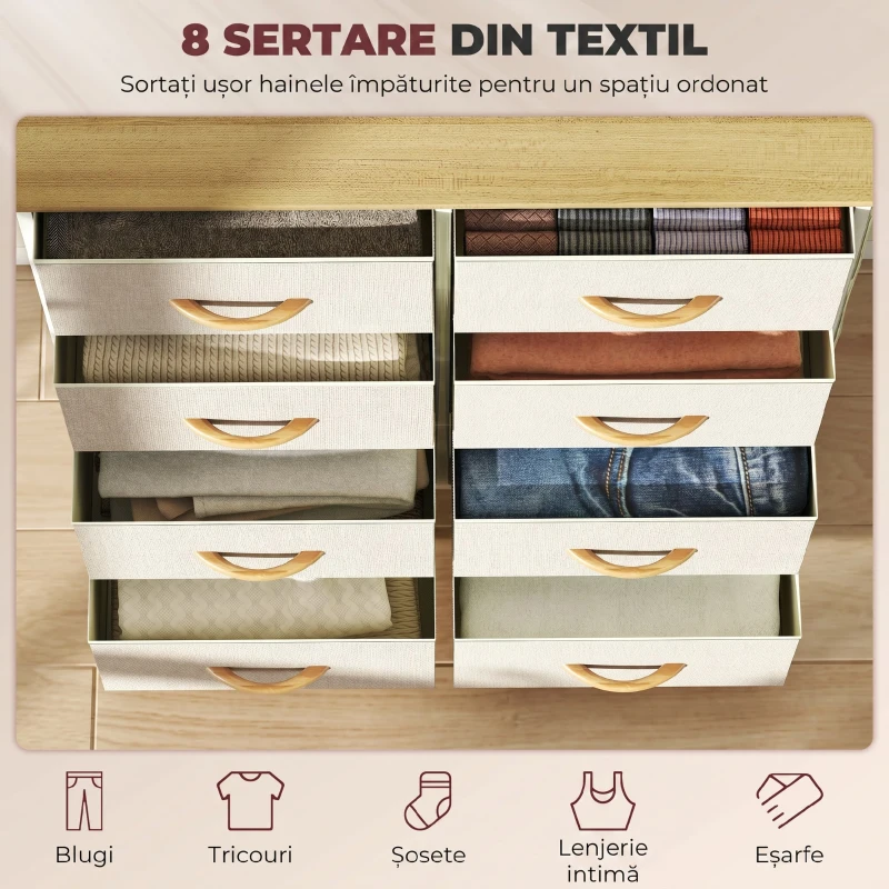 HOMCOM Comodă 8 Sertare Pliabile cu 4 Buzunare și 2 Cârlige, din Lemn, Oțel și Material Textil, 86x30x94.5 cm