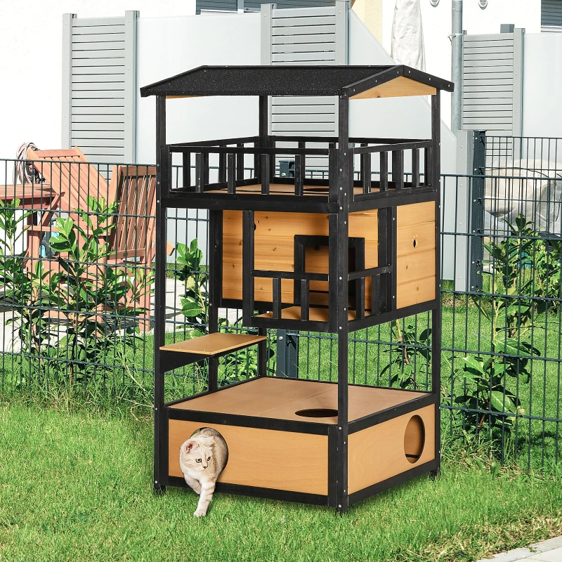 PawHut Casa para Gatos de Madeira 75,5x75x137 cm Abrigo para Gatos com Telhado Asfáltico Plataformas e Ninho Natural