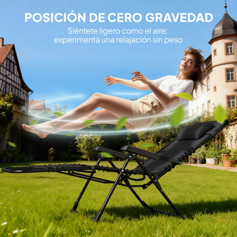Outsunny Set de 2 Tumbonas Jardín Exterior Plegables de Gravedad Cero con Mesa Auxiliar con Portavasos Reposacabezas Negro