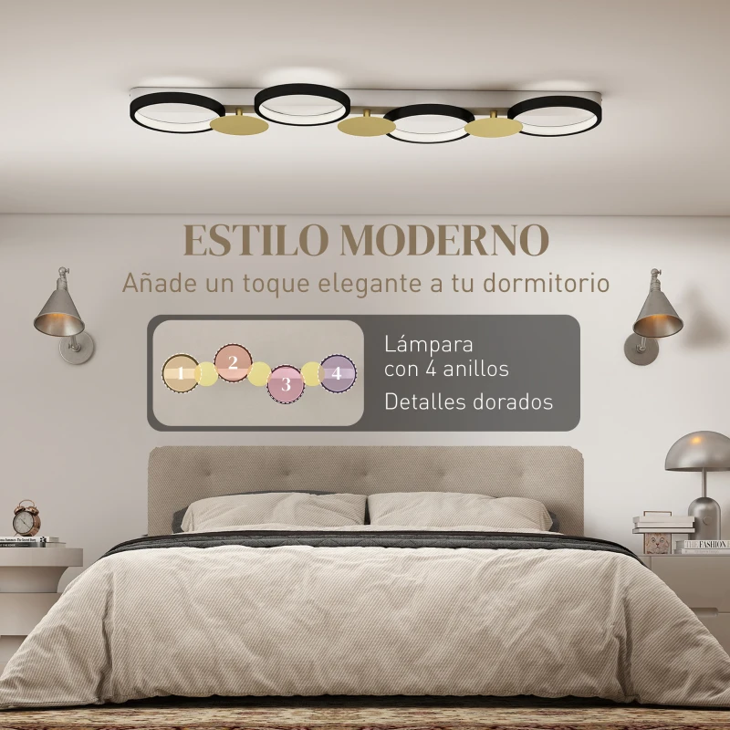 HOMCOM Lámpara de Techo Regulable con 4 Focos Mando a Distancia Modos de Escena 1500 lm 38 W 3000 K-6500 K Negro y Dorado