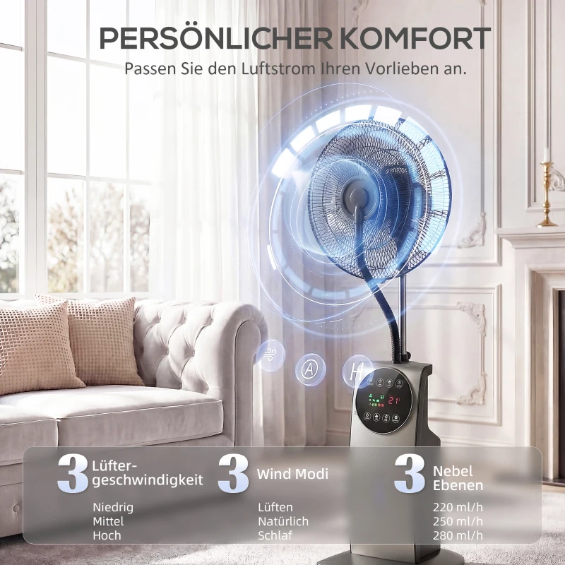 HOMCOM Sprühnebelventilator mit Fernbedienung, Standventilator mit Wassernebel, 70° Oszillation, 3 Geschwindigkeiten, 3 Modi, 3,1L Wassertank