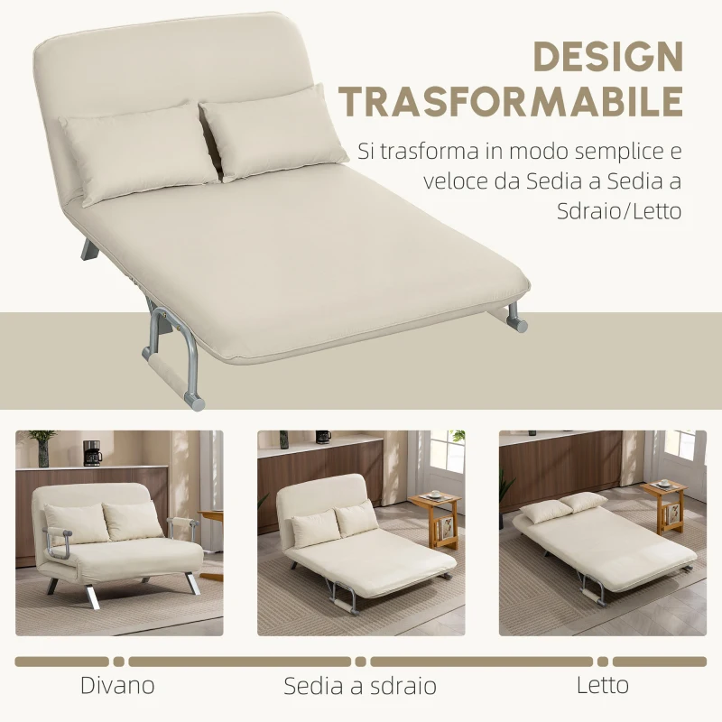 HOMCOM Divano letto 2 posti con schienale regolabile e 2 cuscini, rivestimento in tessuto effetto scamosciato, Beige