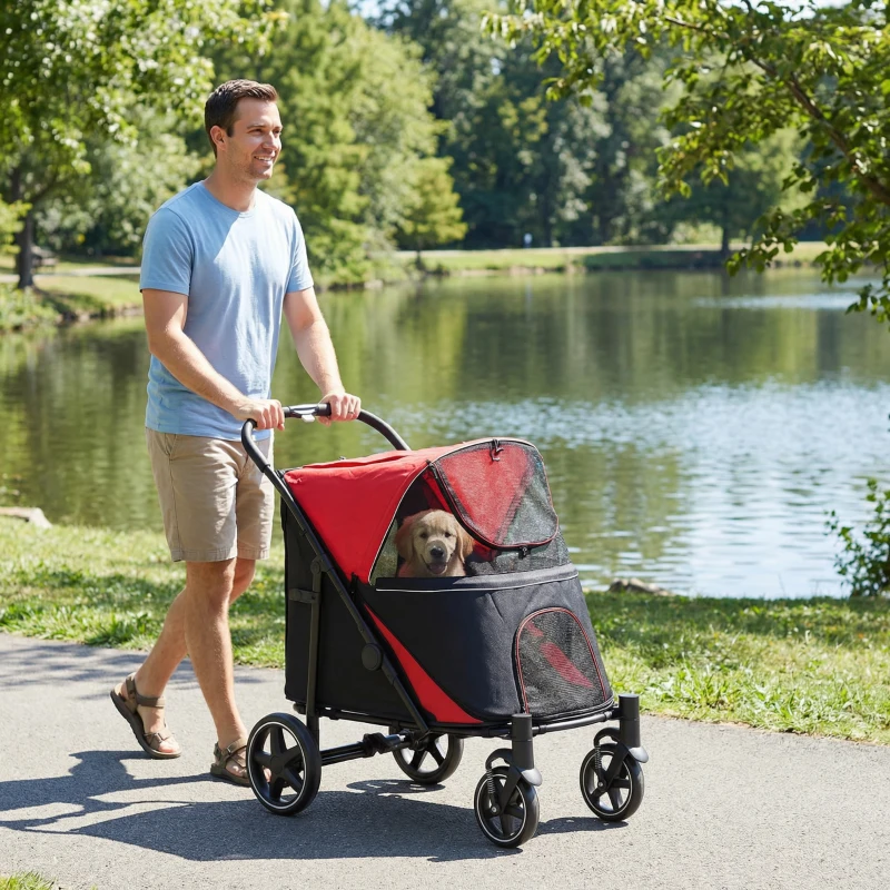 PawHut Passeggino per Cani Pieghevole con Ingressi a Cerniera e Finestre a Rete, 112x65x100 cm, Nero e Rosso