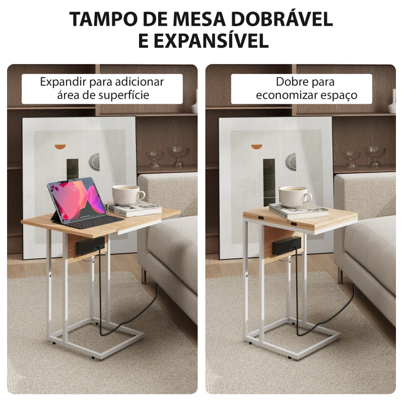 HOMCOM Mesa Auxiliar com Estação de Carga com Tampo Dobrável e Pés Ajustáveis 39x29x57 cm Branco e Madeira