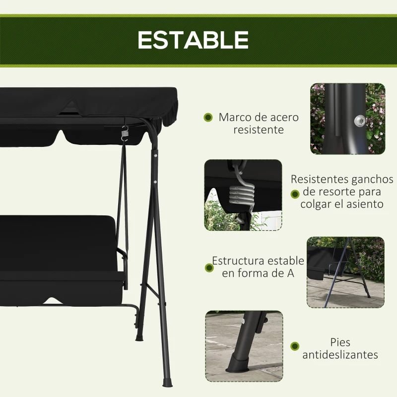 Outsunny Balancín de Jardín Exterior Columpio de 3 Plazas con Toldo Ajustable y Marco de Acero para Terraza 172x110x153 cm Negro
