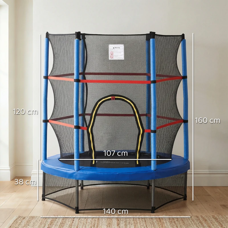 HOMCOM Tappeto Elastico per Bambini da 3 Anni con Rete di Protezione e Corde Bungee Ø140x160Acm, Blu