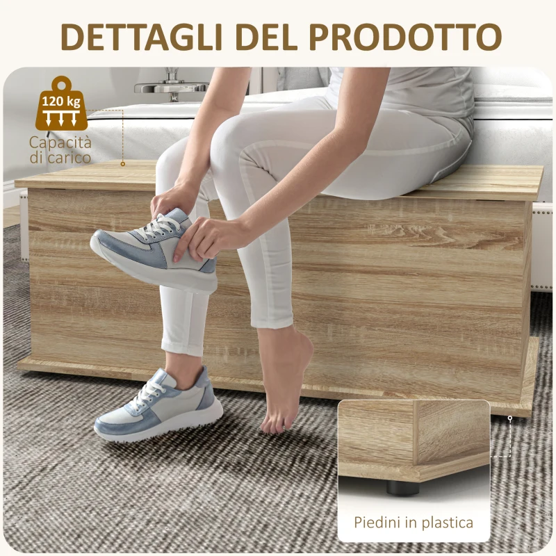 HOMCOM Cassapanca, Panca da Stoccaggio con Coperchio Ribaltabile e Cerniere di Sicurezza, 100 x 40 x 40 cm, Naturale