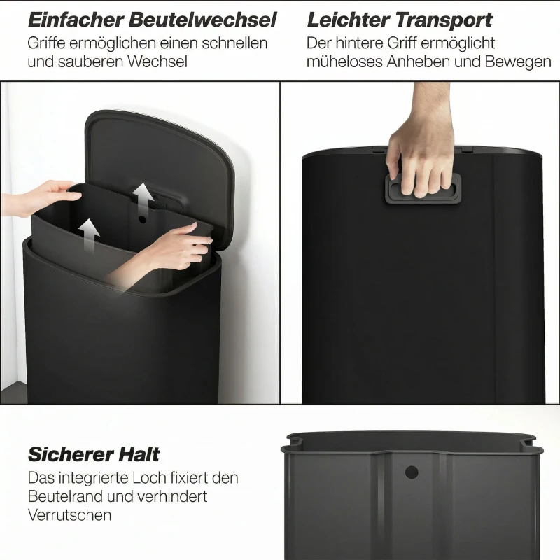 HOMCOM Poubelle cuisine 50L, poubelle à pédale, seau intérieur amovible, couvercle à fermeture douce, 45,1x36,5x62,6cm, noir